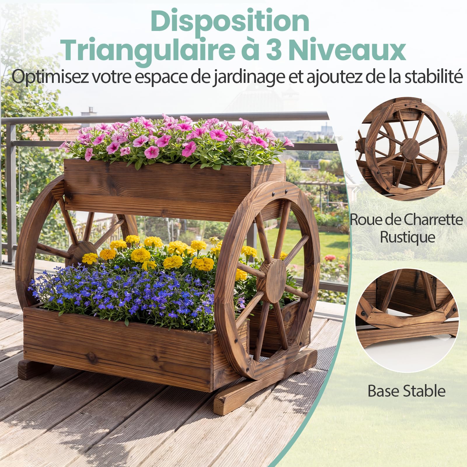 COSTWAY Jardinière Surélevée à 2 Niveaux, 3 Bacs à Plantes en Bois en Forme de Chariot avec Trous de Drainage et Roues, Lit de Jardin Pots de Fleurs pour Patio Balcon, 61,5 x 55 x 62 cm