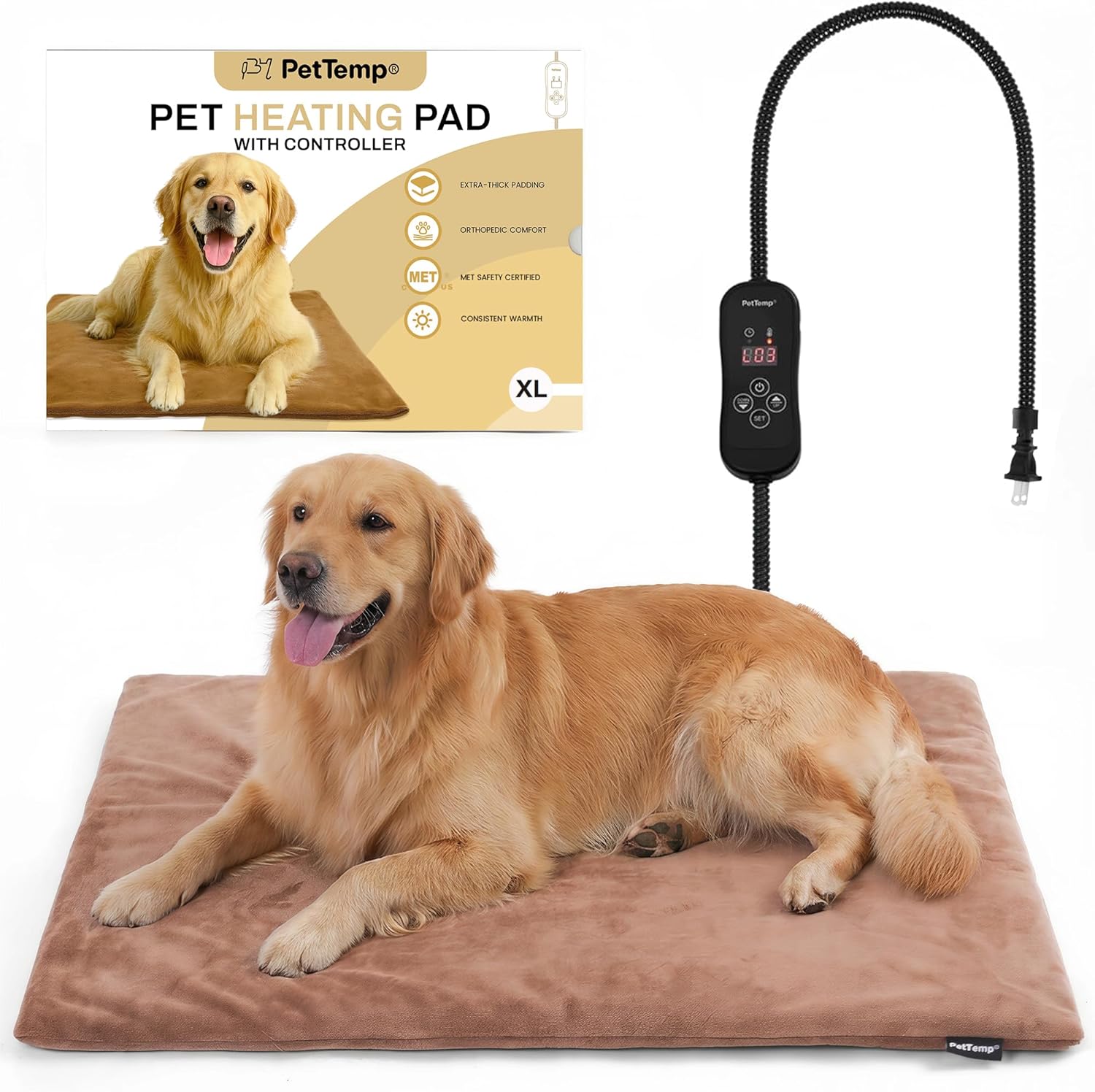 Upgraded Pet Heating Pad, 5 Adjustable Temperature & Timer, Chew-Resistant Electric Heated Dog Cat Bed, Auto Power-Off, Waterproof, 31.5" x 23.4"
