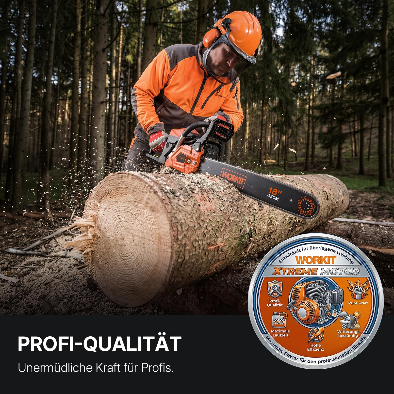 WORKIT 54 cm³ Benzin Kettensäge (3,4 PS), Motorsäge Benzin Profi-Set mit 45 cm (18") & 40 cm (16") Schwert, Easy-Start Benzinkettensäge für Forst & Brennholz, 12.000 U/min, inkl. 2 Sägeketten