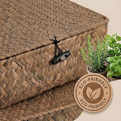 Miniatura 5 de Elsjoy 2 Pack Flat Seagrass Storage Bins with Lid, Wicker Woven Storage Basket Set, Rattan Organizer Bins for Shelf, Closet, Bedroom