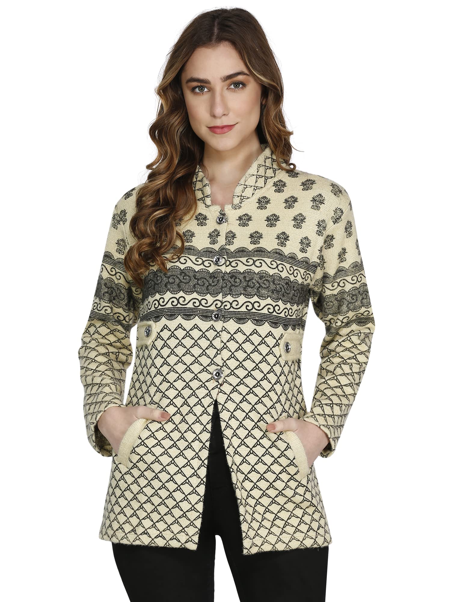 hautemoda Women Woollen Round Neck Printed Cardigan Sweater-picture-47