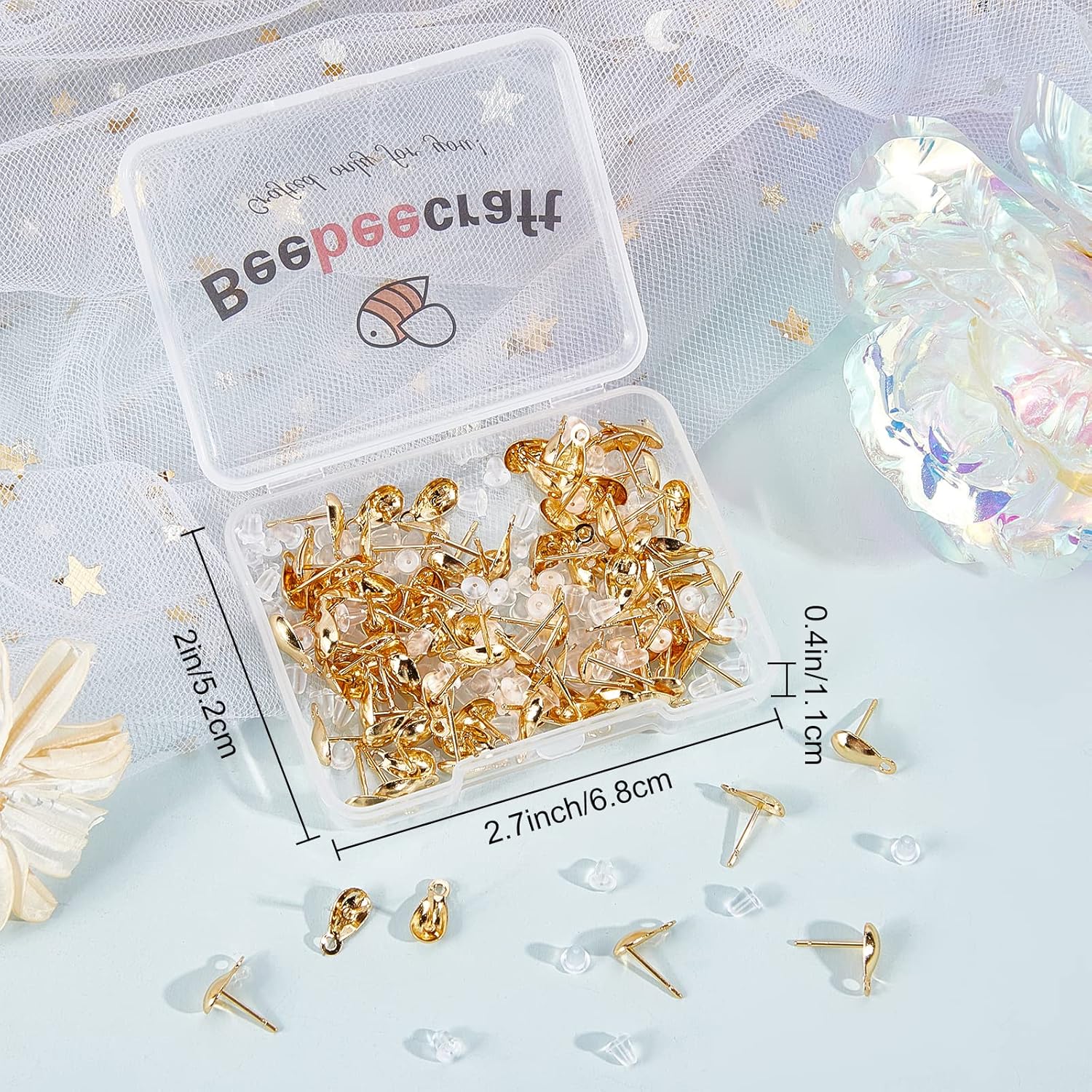 Beebeecraft 100Pcs/Box 18K Gold Plated Earring Findings Teardrop Posts Stud Earrings Components with Loop and 100Pcs Plastic Earring Backs for DIY Earring Jewelry Making - Image 7