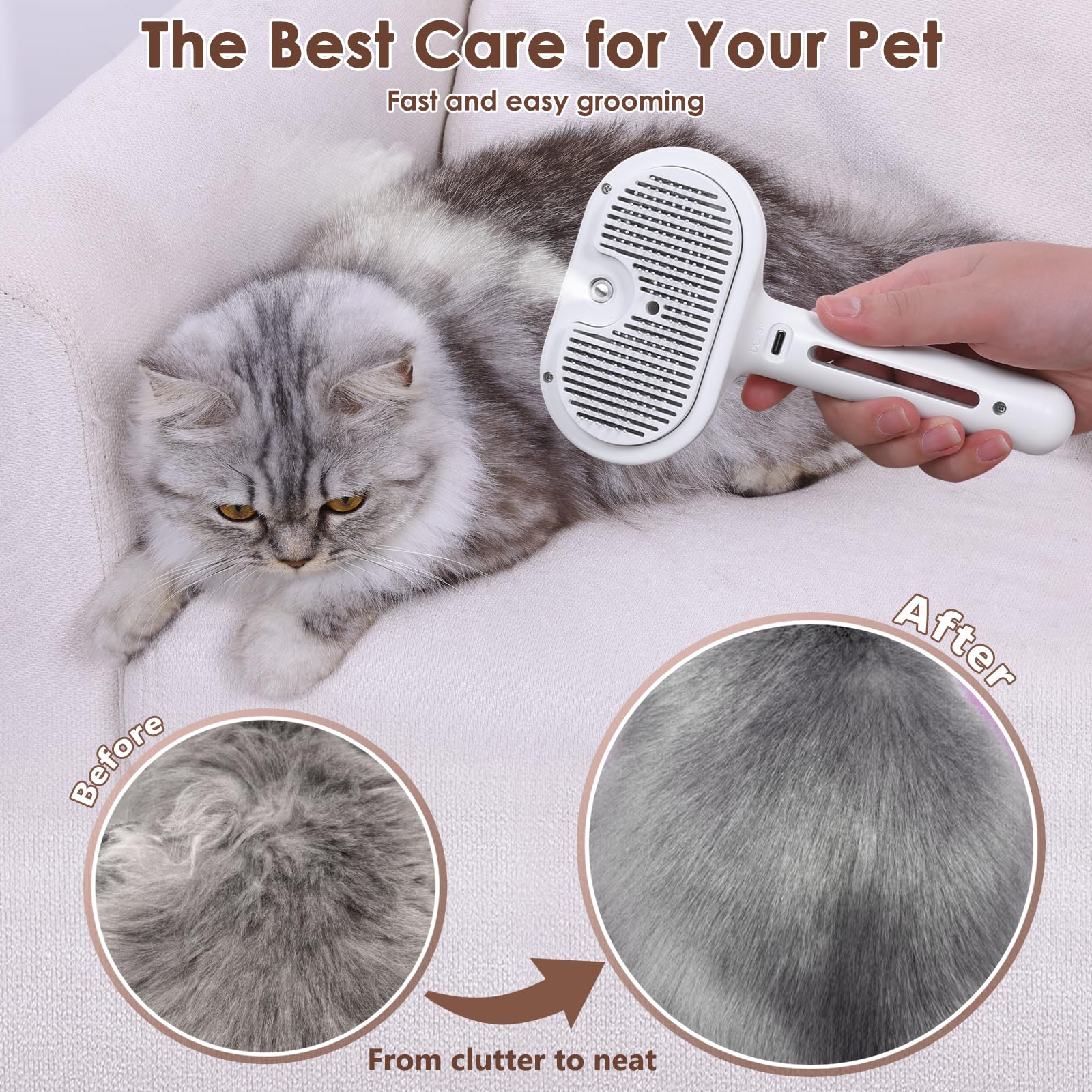 CIBJK - Cepillo de spray para gatos para desprendimiento, cepillo de vapor autolimpiante para masaje, cepillo de aseo para mascotas para pelo largo y corto, perros y gatos, elimina nudos y pelo suelto