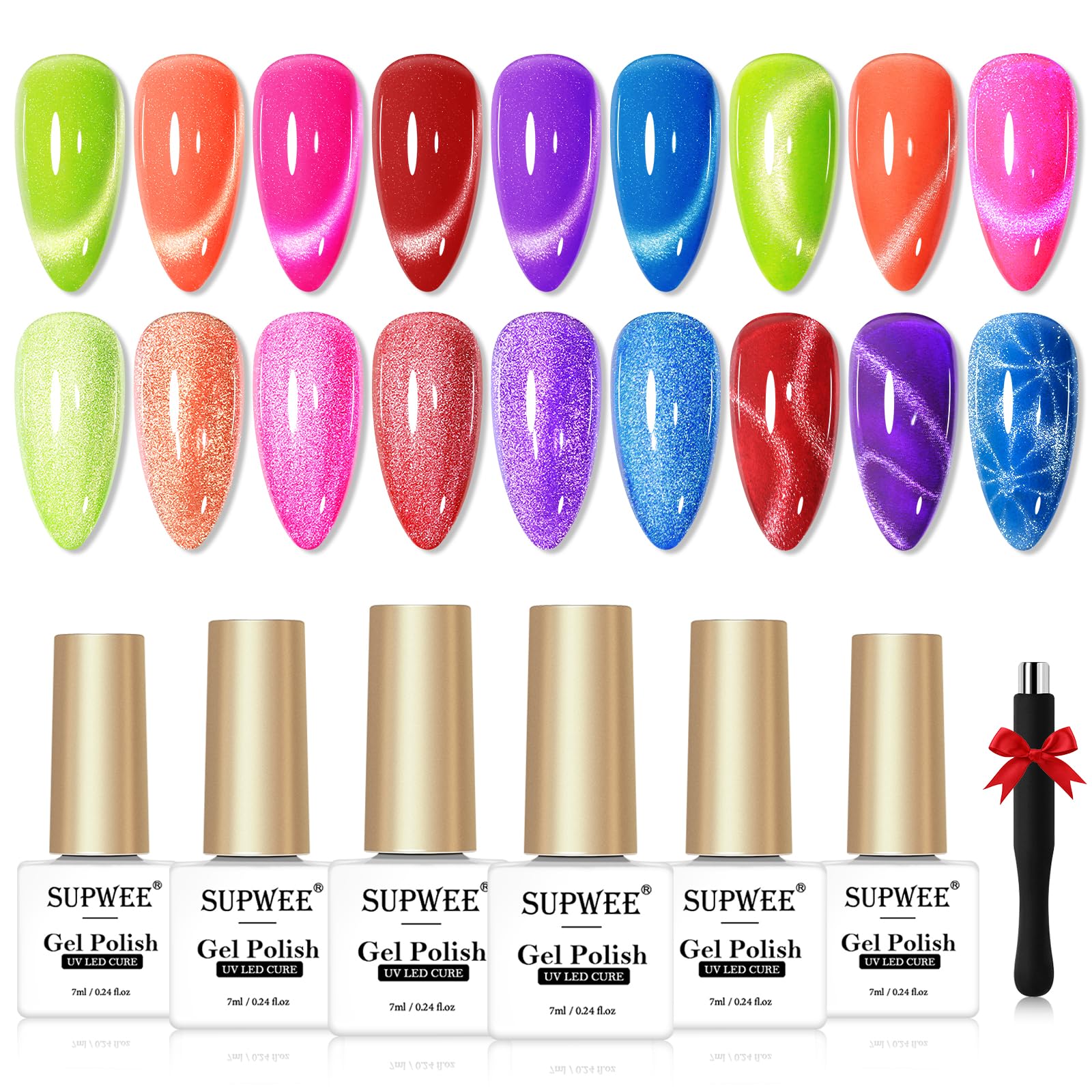 Neon Cat Eye Gel Nail Polish, 6 Colors Magnetic Gel Nail Polish Summer Colora Green Yellow Hot Pink Collection with Magnetic Soak Off UV Lamp Perfect for Beginner and Salon Manicure