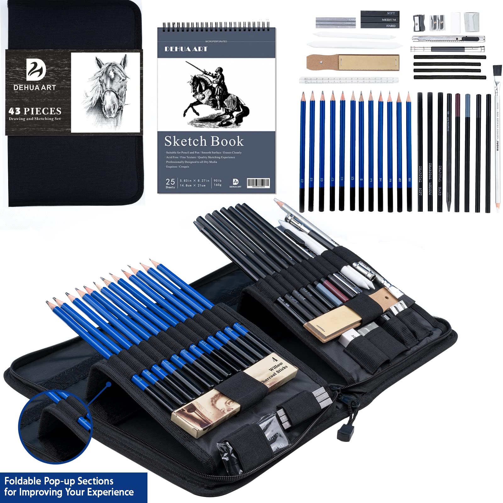 Love Art Kit De Dessin 34 Pièces – Crayons Graphite & Fusain + Étui Zippé + Gomme + 100 Pages Bloc Croquis
