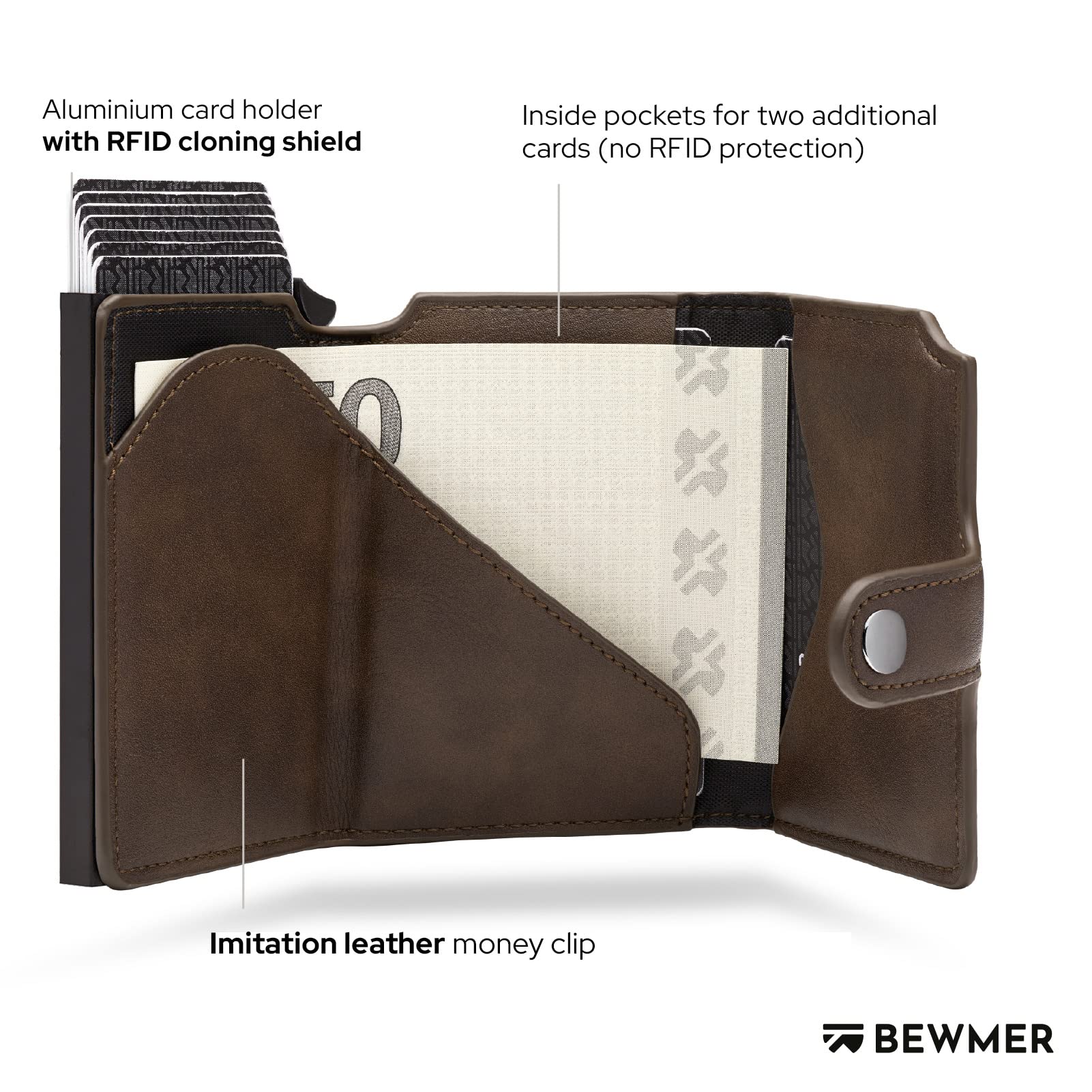 BEWMER v2 Shielded Slim Wallet z kieszenią na monety dla mężczyzn i kobiet, etui na karty z kieszenią na monety, ochroną RFID i zabezpieczeniem przed klonowaniem, portfel na banknoty, monety i 9 kart