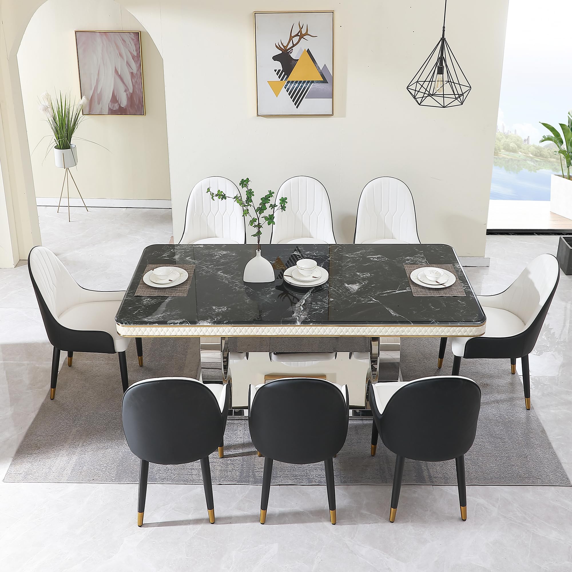 9 Pieces Dining Table Set, Luxury 79" Long Marble Dining Room Table Set of 8, Rectangular Sintered Stone Dining Table with 8 Dining Chairs, Kitchen