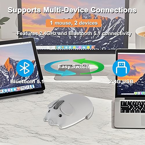 Miniatura 3 de Ratón inalámbrico Bluetooth con forma de cerdo de animal lindo 2.4G y Bluetooth Ratones de computadora de modo dual con receptor USB, portátil