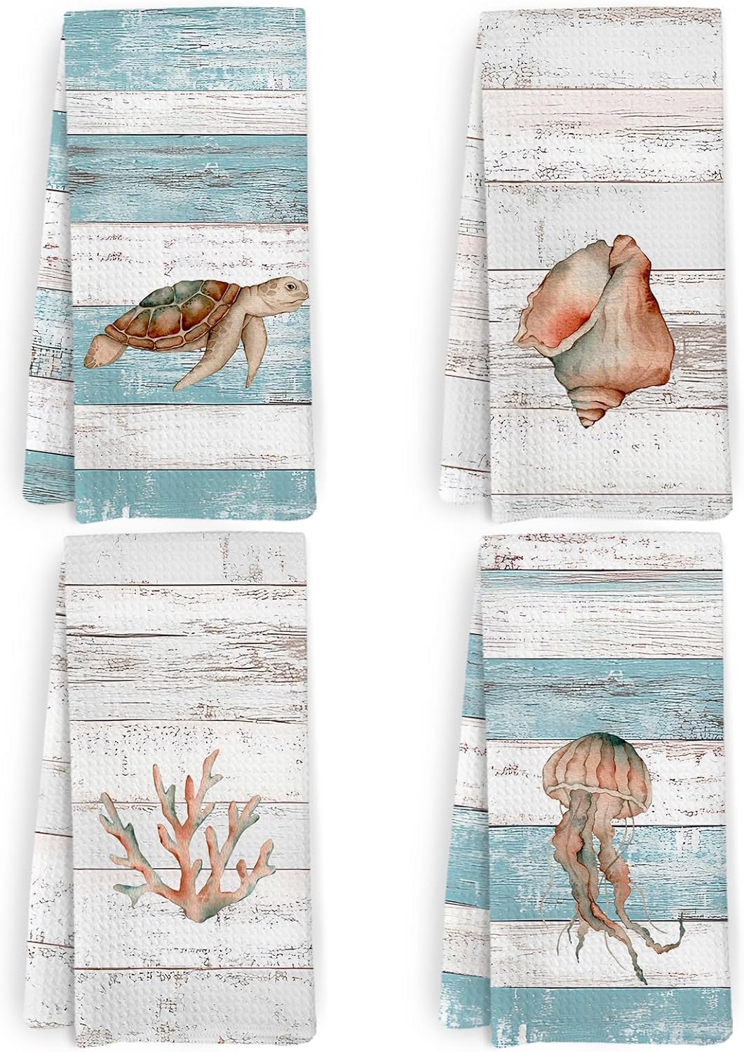 Beach Coastal Kitchen Towels and Dishcloths Set of 4, Lake House Beachy Jellyfish Dish Towels, Nautical Seaturtle Coral Seashell Decorative Hand Tea Towel for Bathroom Kitchen, 16x24 Inch