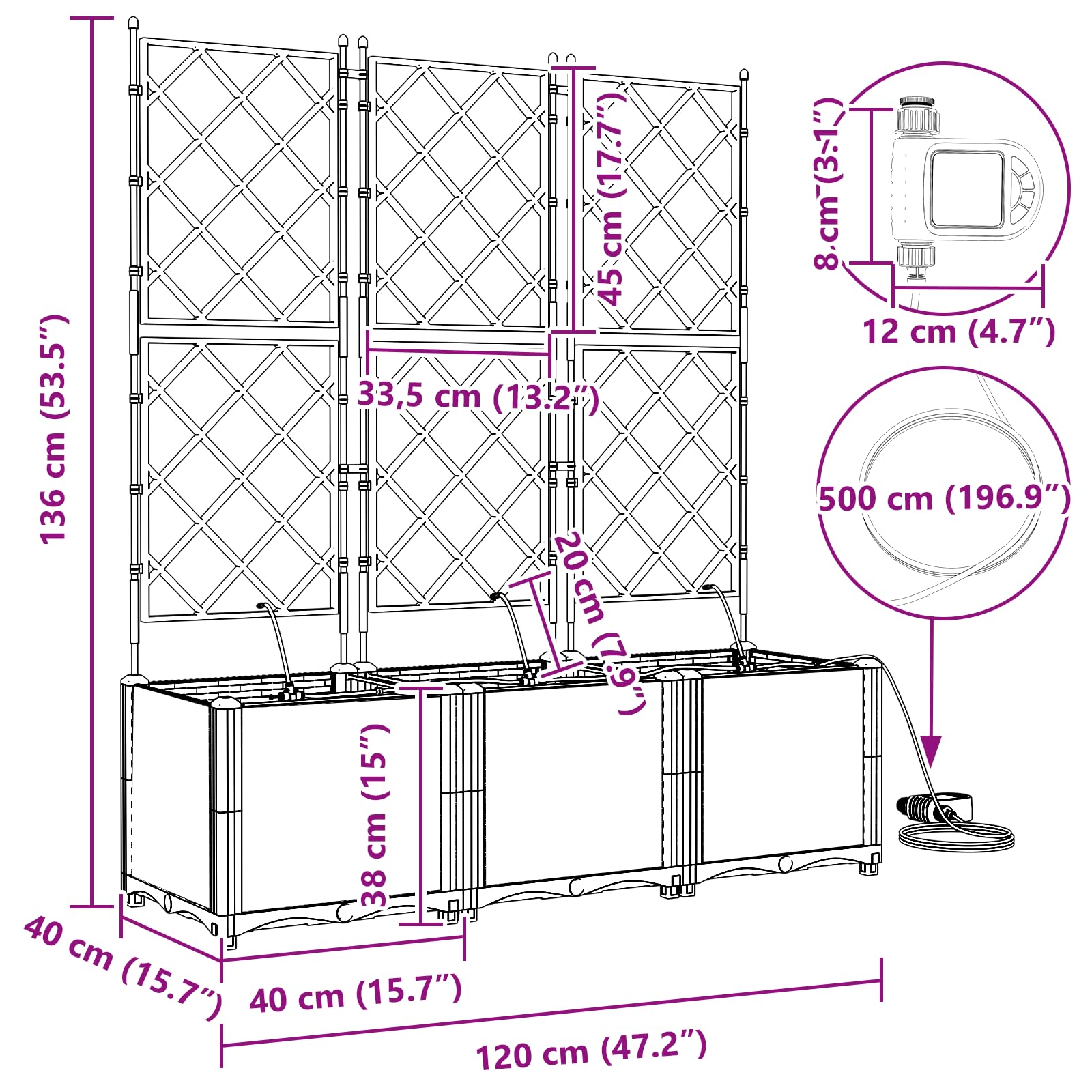 vidaXL Doniczka ogrodowa 3 pcs Szary 120 x 40 x 142 cm, Ogród i taras, nowoczesna doniczka samonawadniająca, trwały pojemnik na rośliny patio