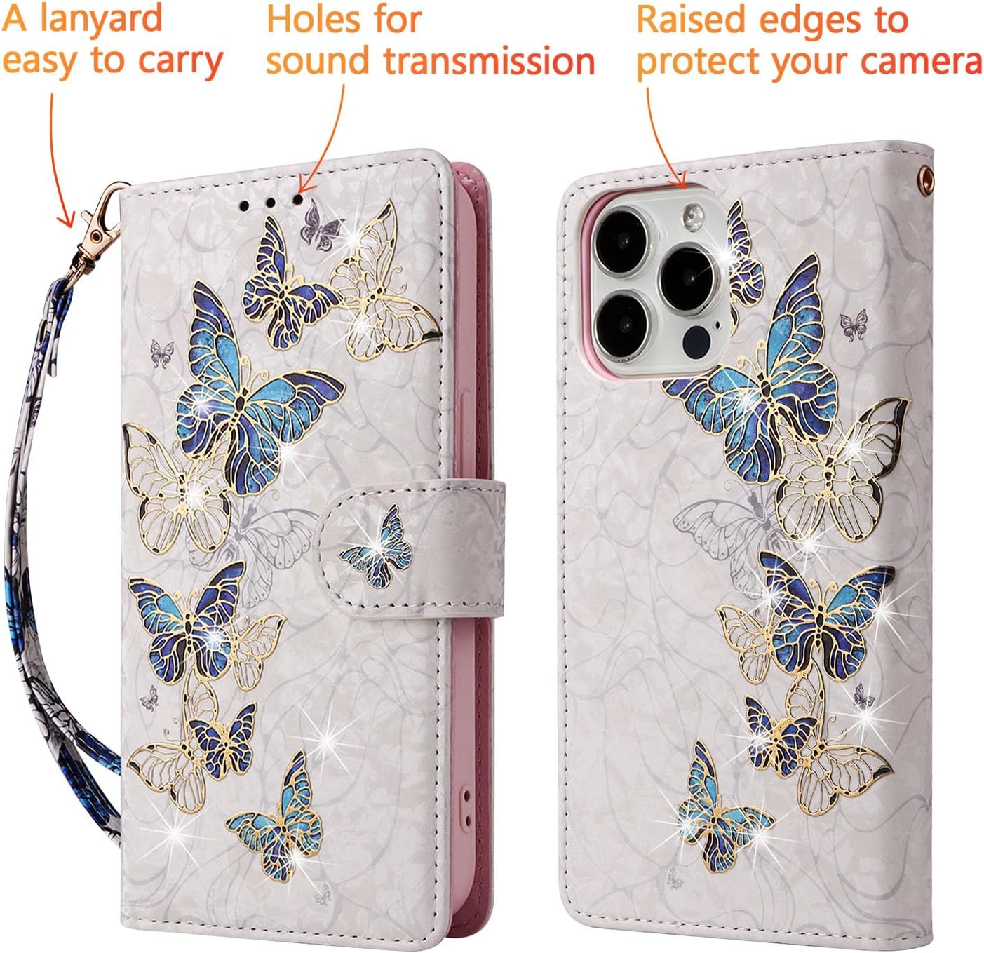 UEEBAI Wallet Case for iPhone 15 Pro, PU Leather Phone Case Kickstand RFID Blocking Flip Case Card Slots Wrist Strap Relief Engraved Pattern Magnetic Closure Flower Folio Case, BlueButterfly - Image 8
