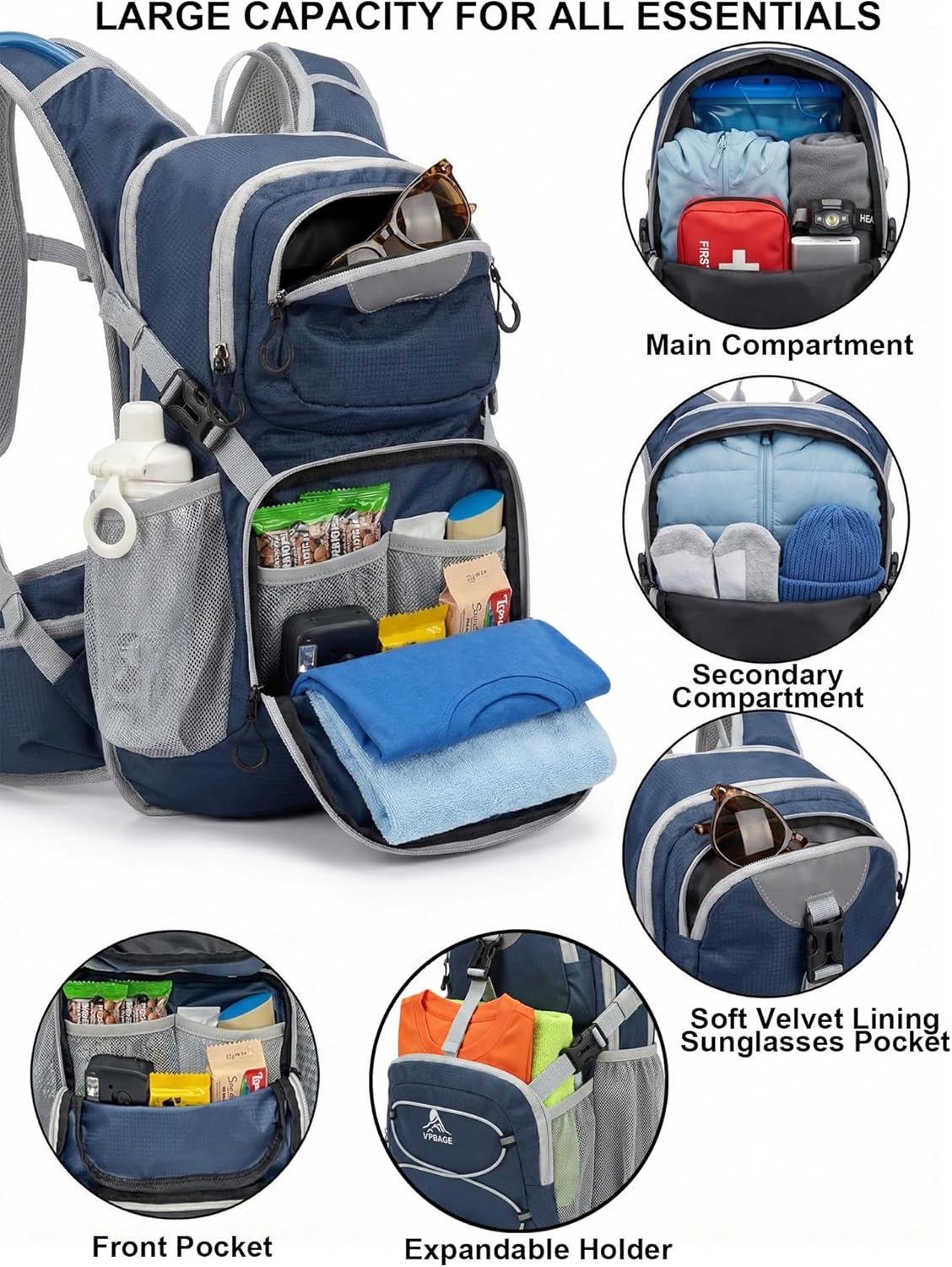 Hydration Backpack with 2L Bladder – Thermal Insulated Water Pack for Hiking, Skiing, Running – Lightweight Daypack for Men & Women, Soft-Lined Sunglasses Pocket & Large Waist Pockets - Image 5