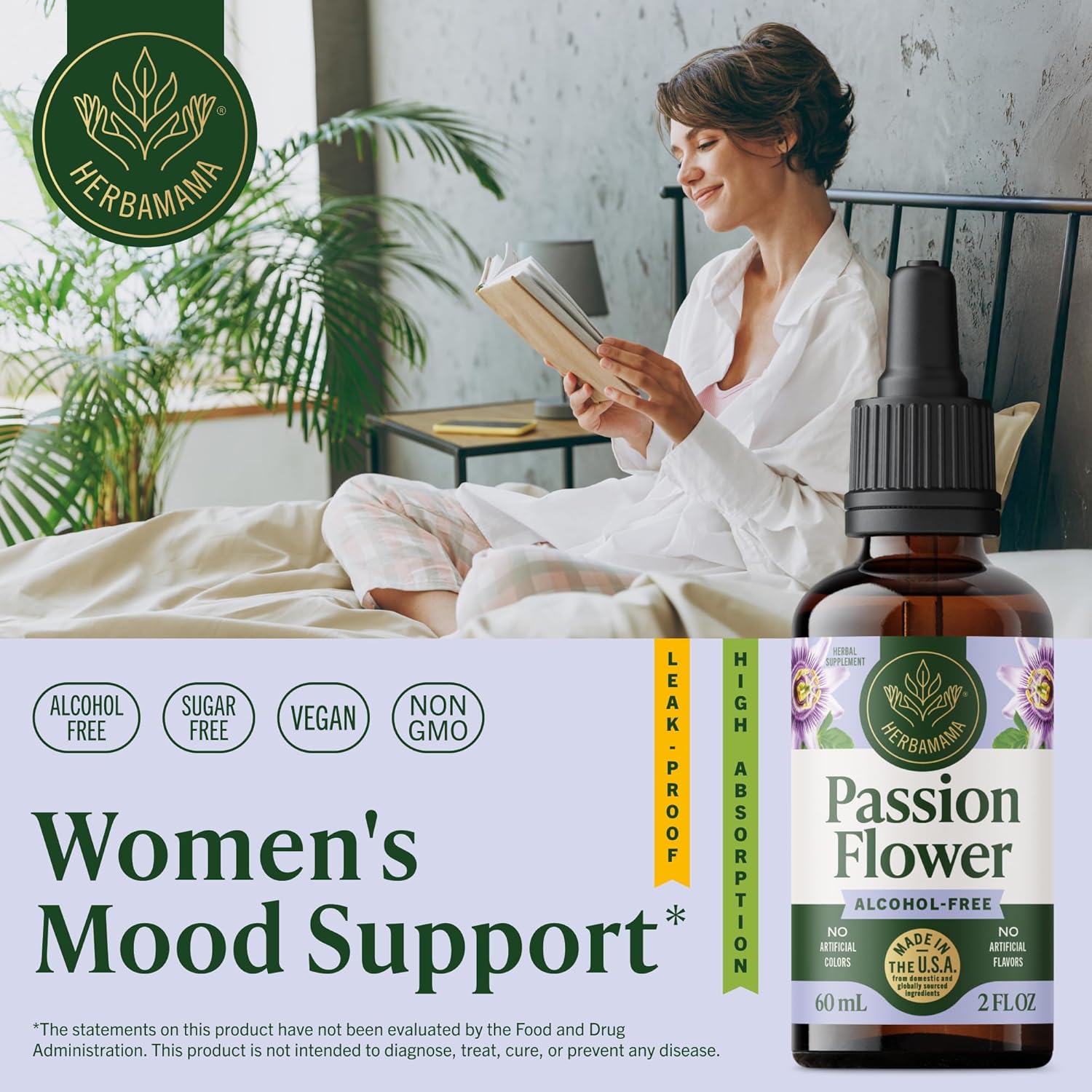 HERBAMAMA Passionflower Tincture - Vegan Women's Mood Support with Passion Flower Extract Drops - Non-GMO, Alcohol & Sugar-Free Liquid Calming Supplement, 28-Day Supply - Image 2