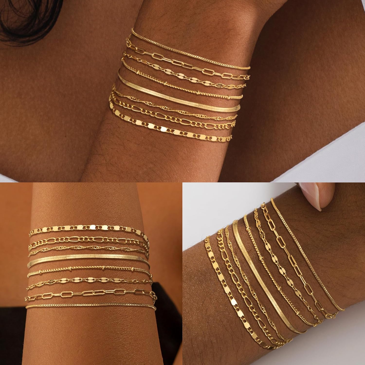 Tewiky Waterproof Gold Bracelets for Women Non Tarnish - Dainty Stack 14K Gold Plated/Sterling Silver Chain Bracelets Set Adjustable Trendy Jewelry for Women - Image 8