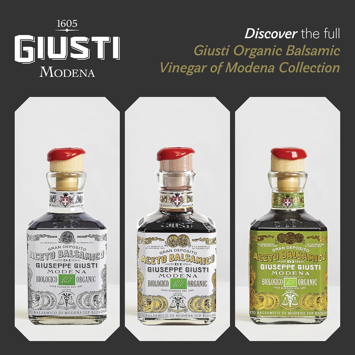 Giusti Organic Balsamic Vinegar of Modena IGP – 1 Silver Medal Italian Gourmet Aceto Balsamico di Modena, Rich Flavor for Salads, Marinades, Cheese, Made in Italy – 8.45 fl oz (250 ml) - Pack of 1
