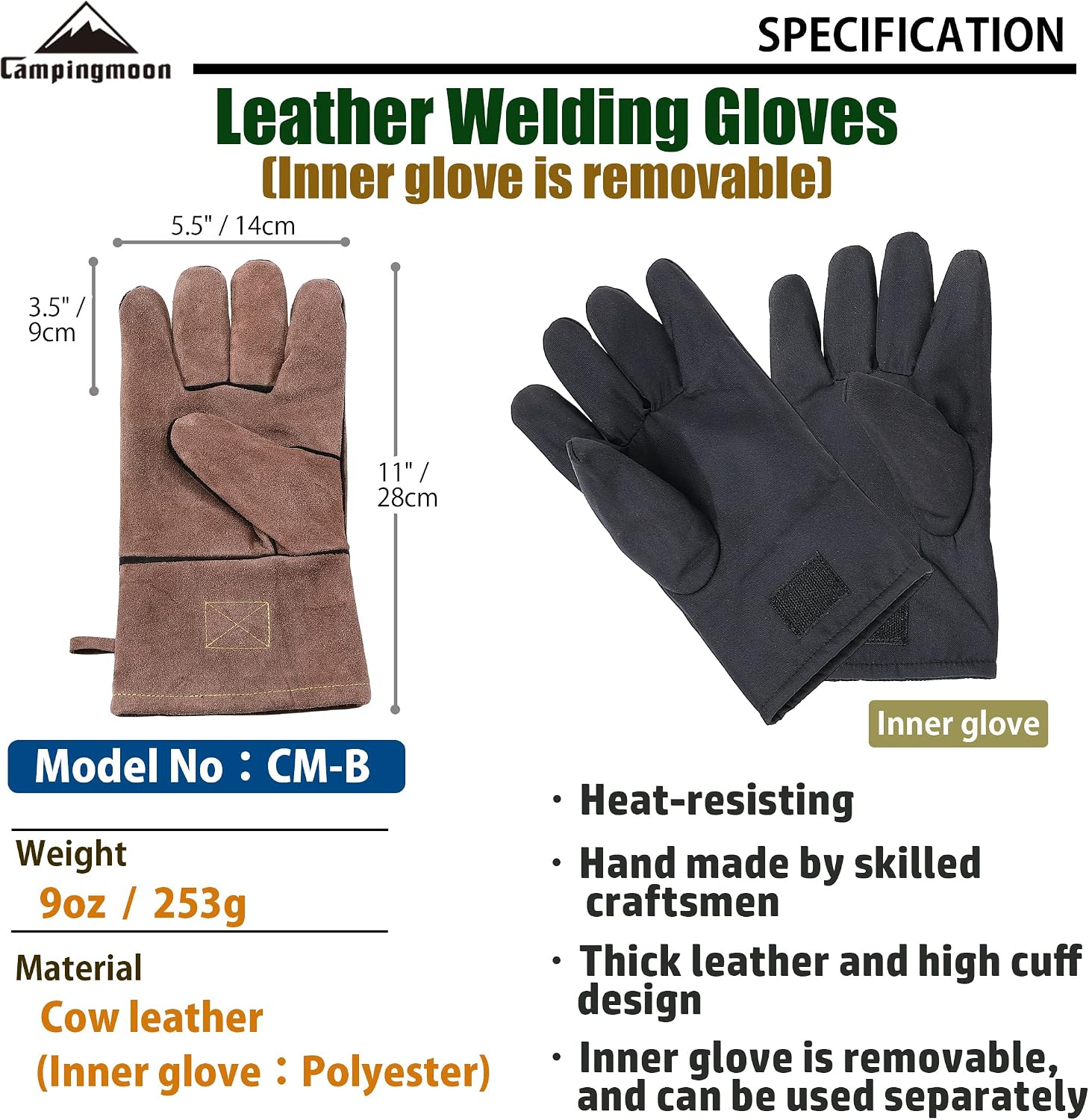 camping moon BBQ Grilling Gloves Heat Resistant Leather Cooking Welding Q28 Brown 11 Inches Length