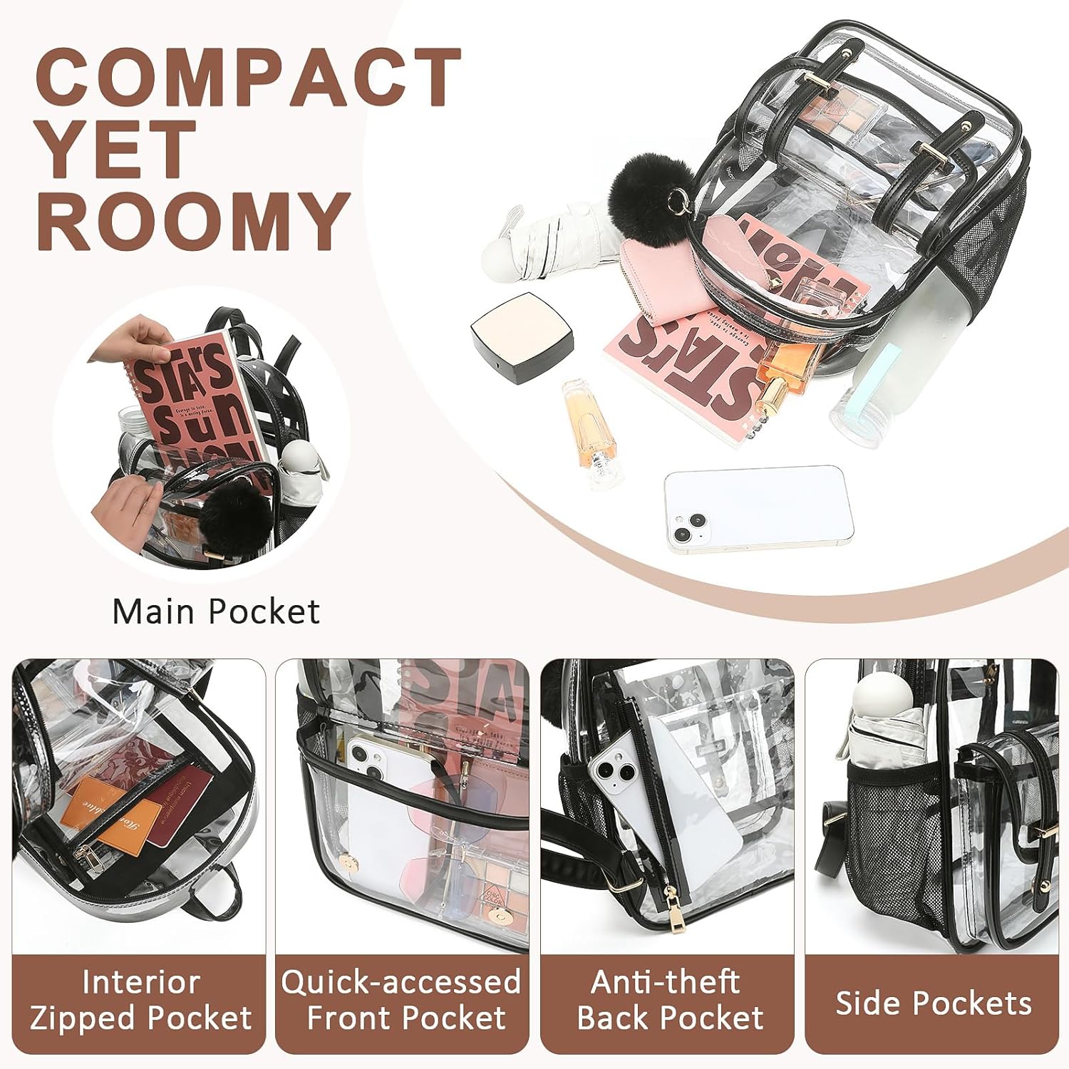 Clear Backpack for Stadium Events, Small Transparent Backpack Mini See Through Bookbag for Women Girls for Concert