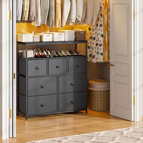 Miniatura 7 de EnHomee Cómoda negra para dormitorio, cómoda de 7 cajones, cómoda de tela alta para dormitorio, armario, guardería, cajonera negra con marco de