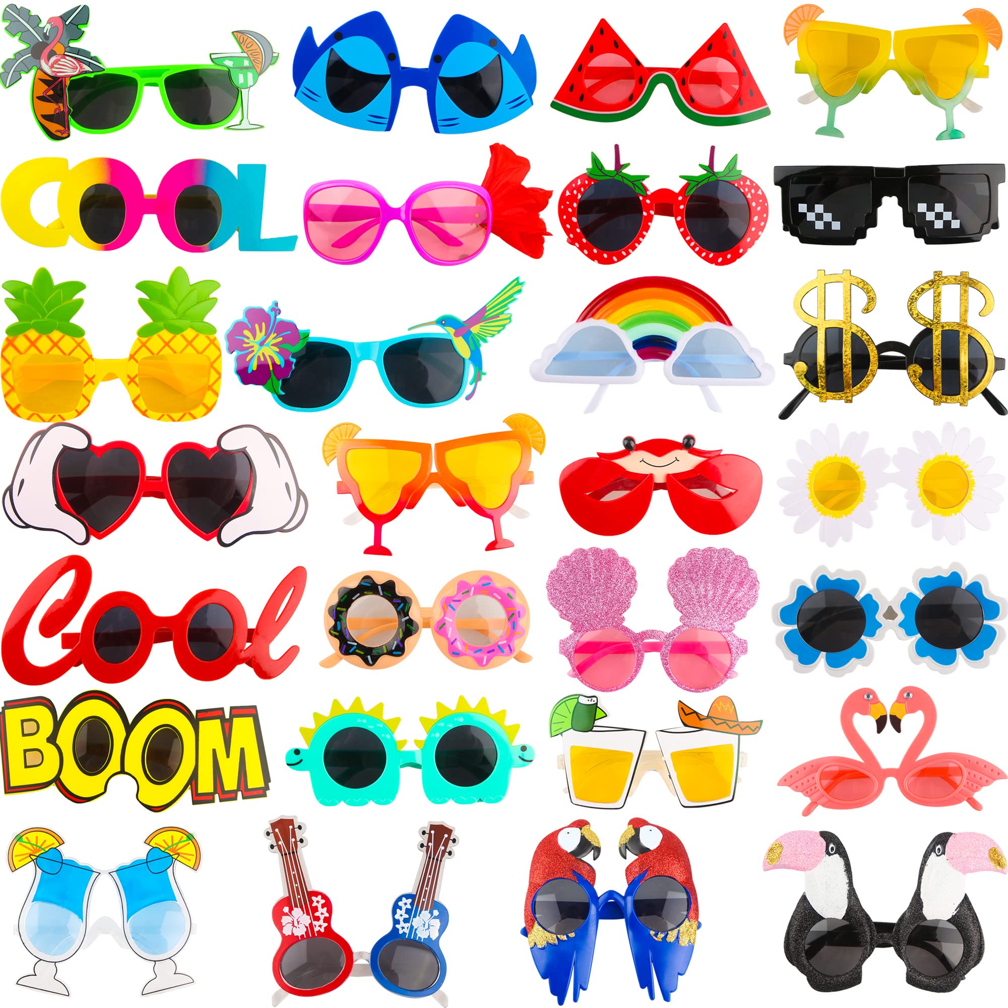 Sonarun 28 Pcs Party Sunglasses Funny Summmer Hawaiian Glasses for Tropical Party Dress Up Makeup Props Holiday Favors Beach Theme Party Supplies