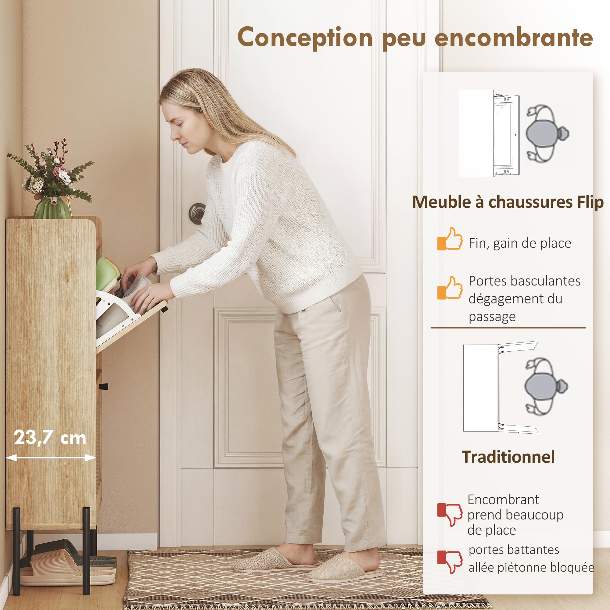 HOMCOM Meuble à Chaussures 12 Paires Étroite Bohème 60x23,7x99,5cm Chêne