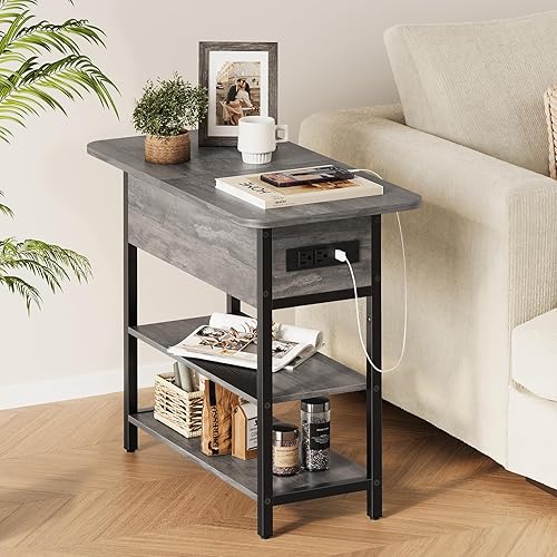 Miniatura 8 de Yoobure Mesa auxiliar con estación de carga, mesa auxiliar abatible con puertos USB y tomas, mesa de noche para sala de estar, dormitorio, mesita de