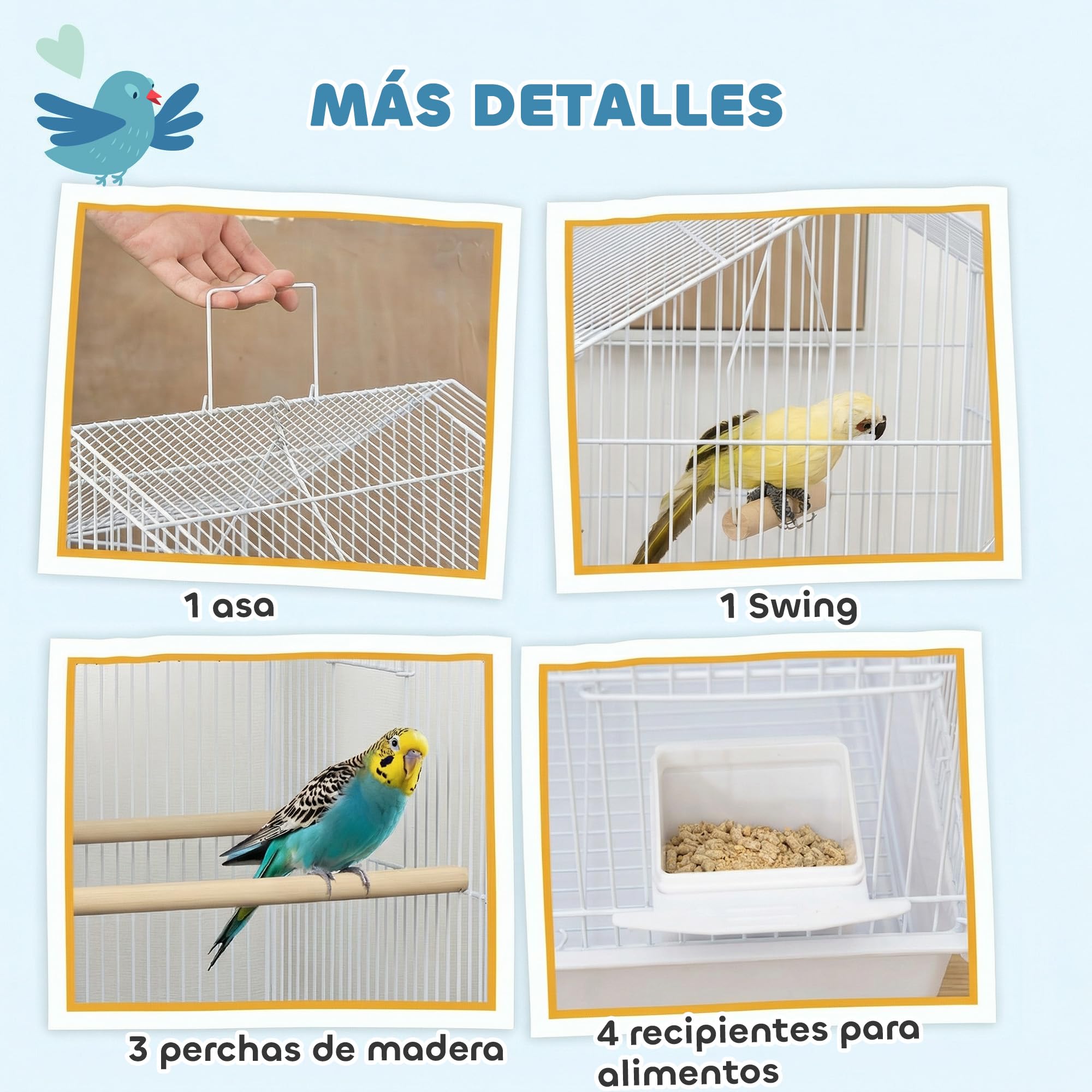 PawHut Jaula para Pájaros de Acero Pajarera con Comederos Perchas Columpio y Bandeja Extraíble Jaula Grande para Loros Canario Periquito 50,5x41x104 cm Blanco