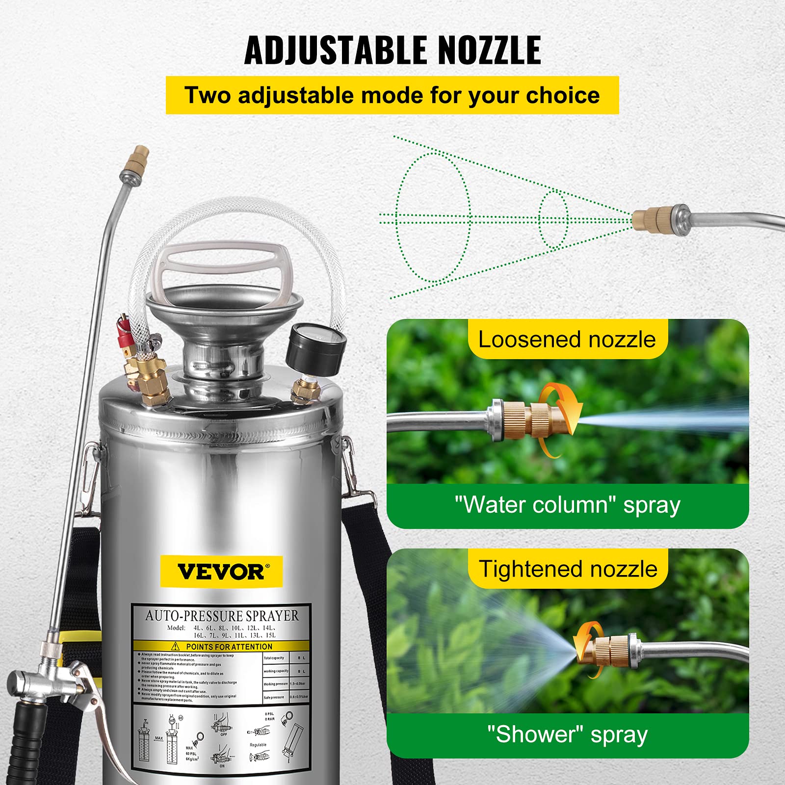 Pulverizador de acero inoxidable con manguera reforzada de 3,3 pulgadas, pulverizador de jardín para jardinería y limpieza del suelo