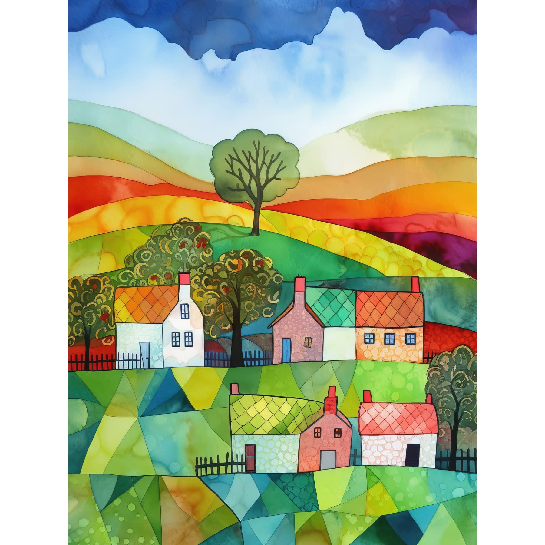 Artery8 Rural Landscape Rainbow Countryside Folk Art Watercolour Painting Large Wall Art Poster Print Thick Paper 18X24 Inch