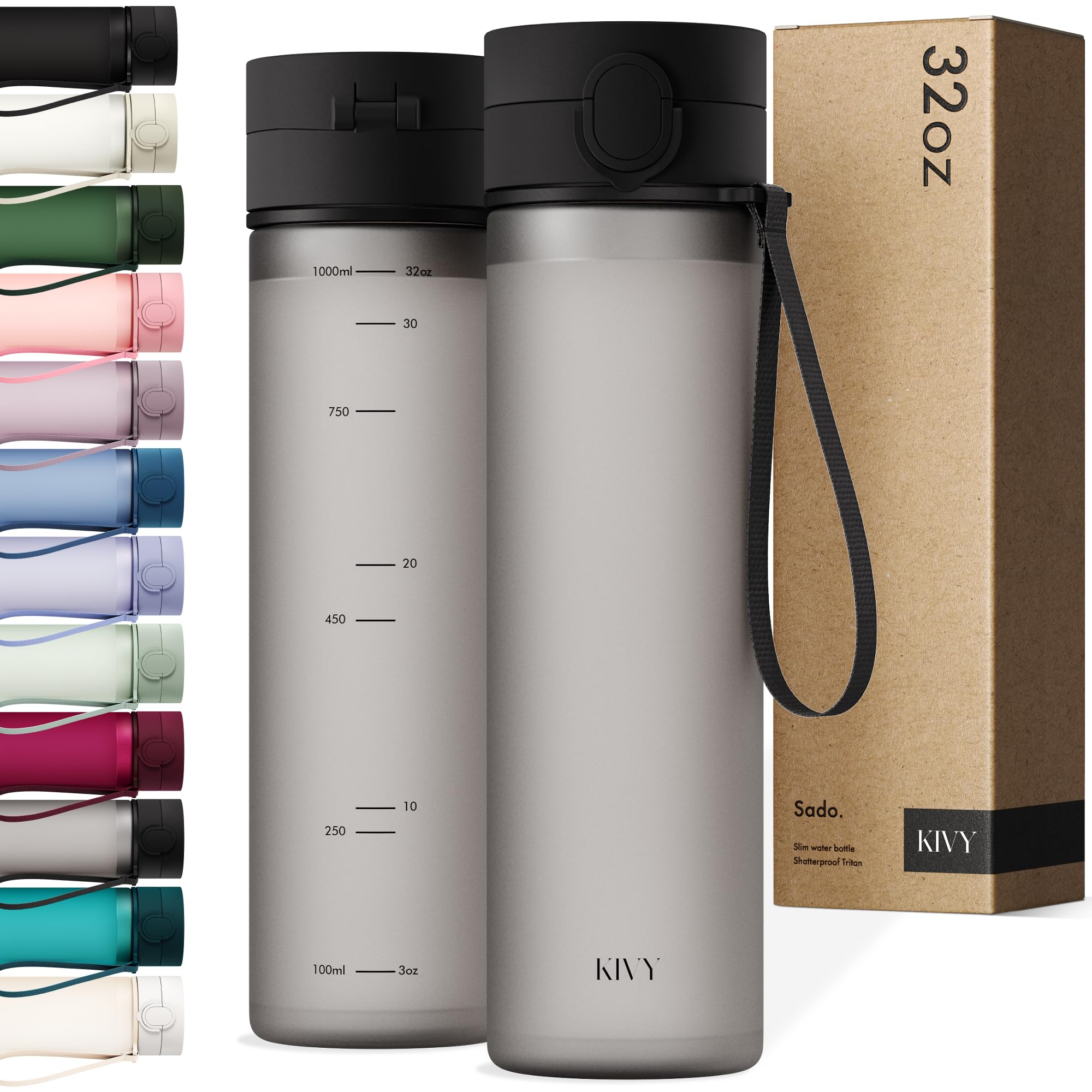 KIVY Tritan Water Bottle with Hinged Lid 1 Litre [Leak-proof & Shatterproof] - Water Bottle BPA Free with Folding Lid & Carbonated - Water Bottle for Sports, Office and Leisure