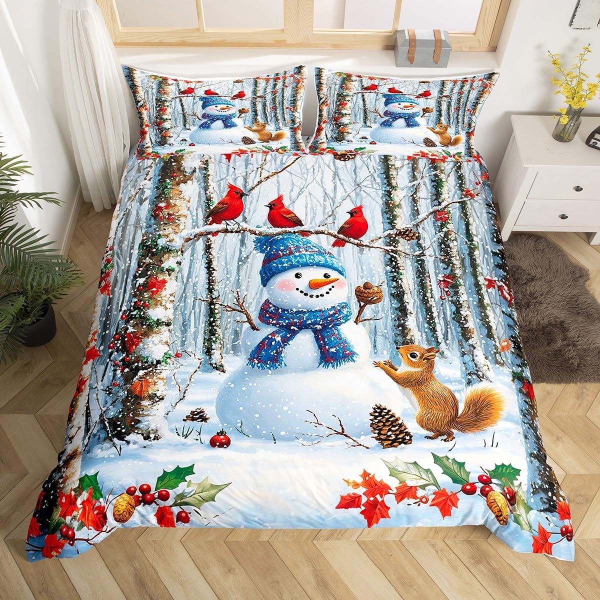 Feelyou Cute Snowman Duvet Cover Boys Girls King Size Cute Animal Bedding Set Ultra Soft Winter Christmas Comforter Cover Set Snowflake Bedspread Cover Christmas Decorations Bedclothes (No Comforter)