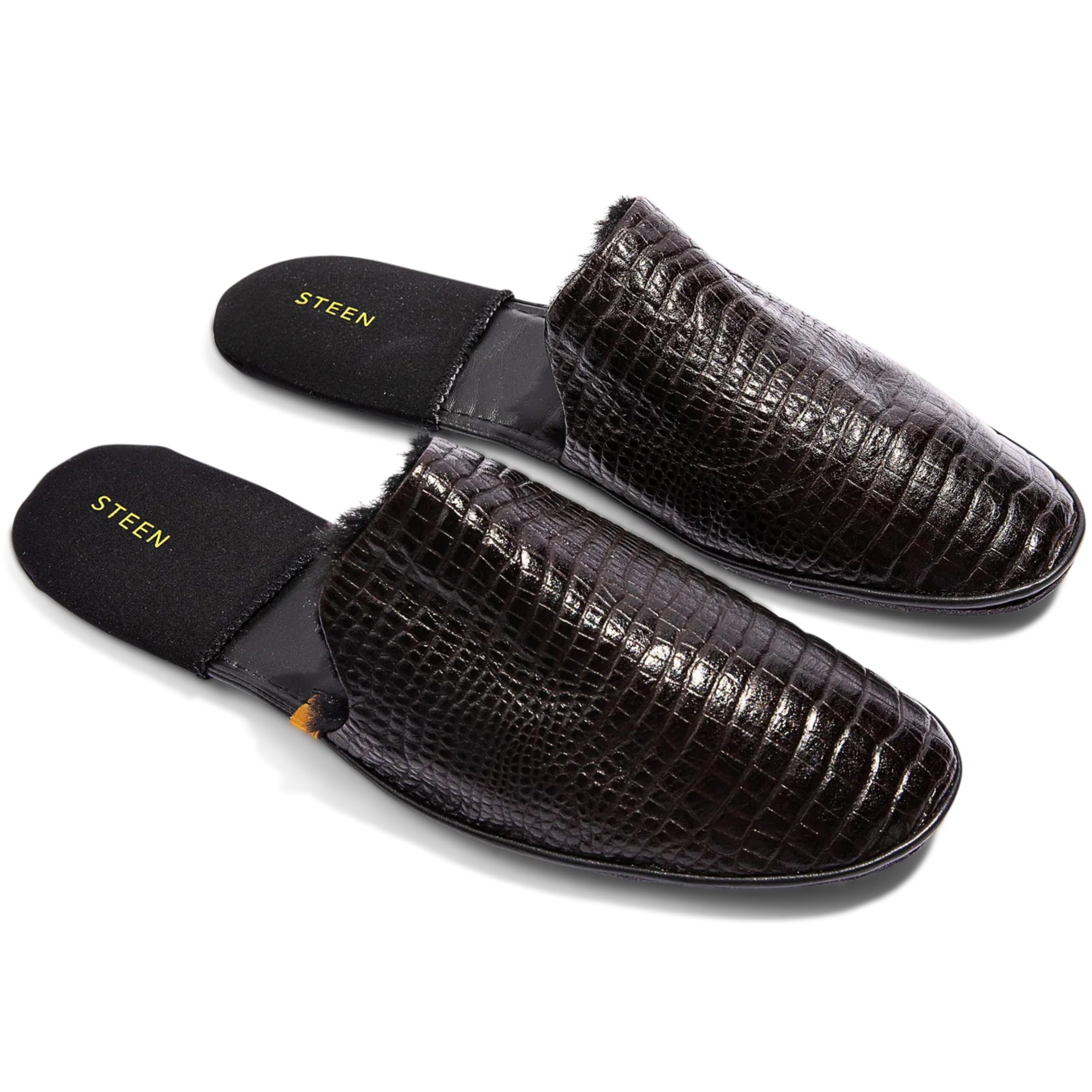 STEEN Foldable Leather Slippers for Men With Eco-Fur Lining - Perfect for Travel and Everyday Wear - Travel Pouch Included