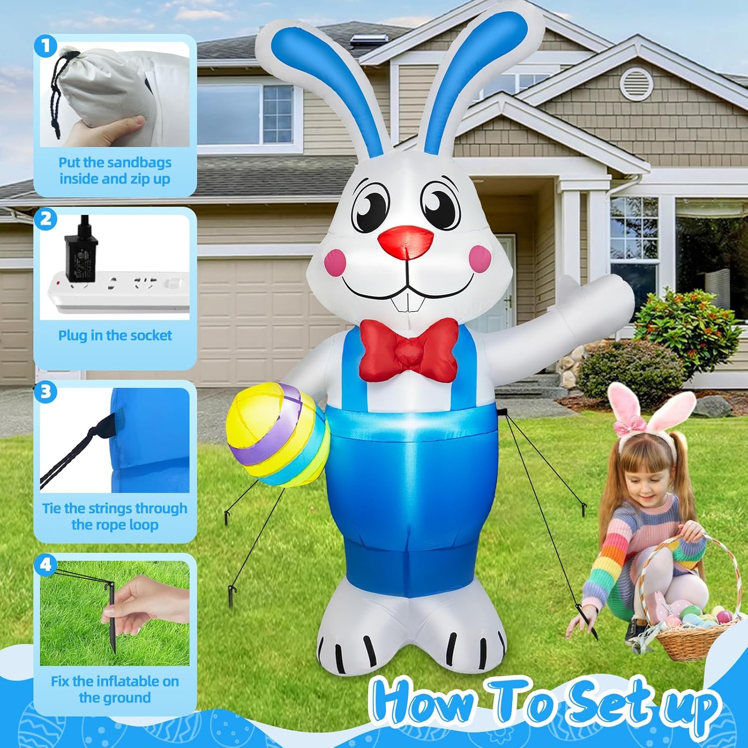 6FT Easter Inflatables Outdoor Decorations, Inflatable Bunny Holds Egg Built-in LED Lights Blow Up Inflatable Easter Outdoor Decorations for Holiday Party Indoor Outdoor Garden Lawn Yard Decor
