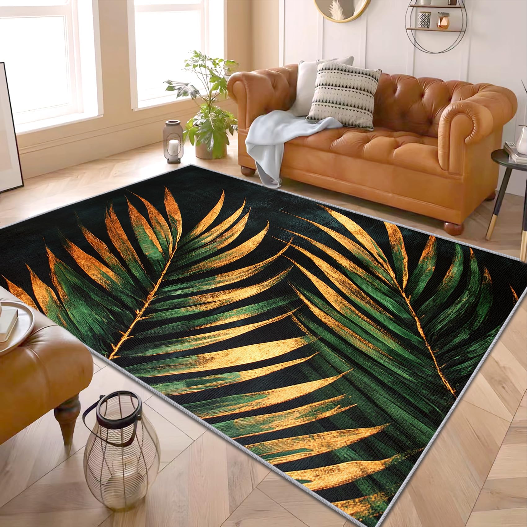 PaxGloz Palm Leaf Rugs - Green and Gold Palm Rug, Minimalist Jungle Rugs for Living Room Bedroom, Washable Non Slip Soft Large Carpet, Patterned Area Rug & Home Decor 120x170 cm