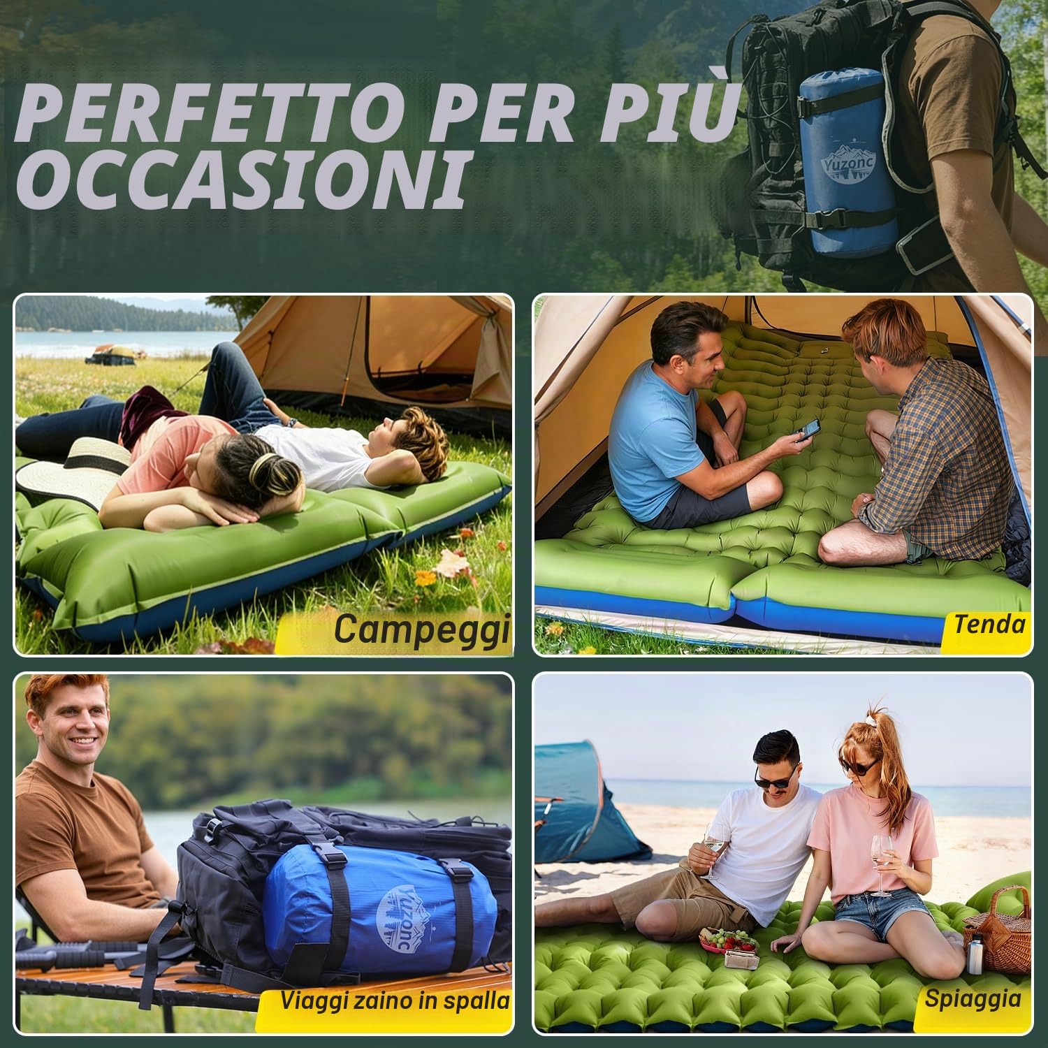 Yuzonc Materassino autogonfiante, doppio materasso da campeggio, ultraleggero, per 2 persone, gonfiabile, con pompa a pedale e cuscino per esterni, escursioni, tenda