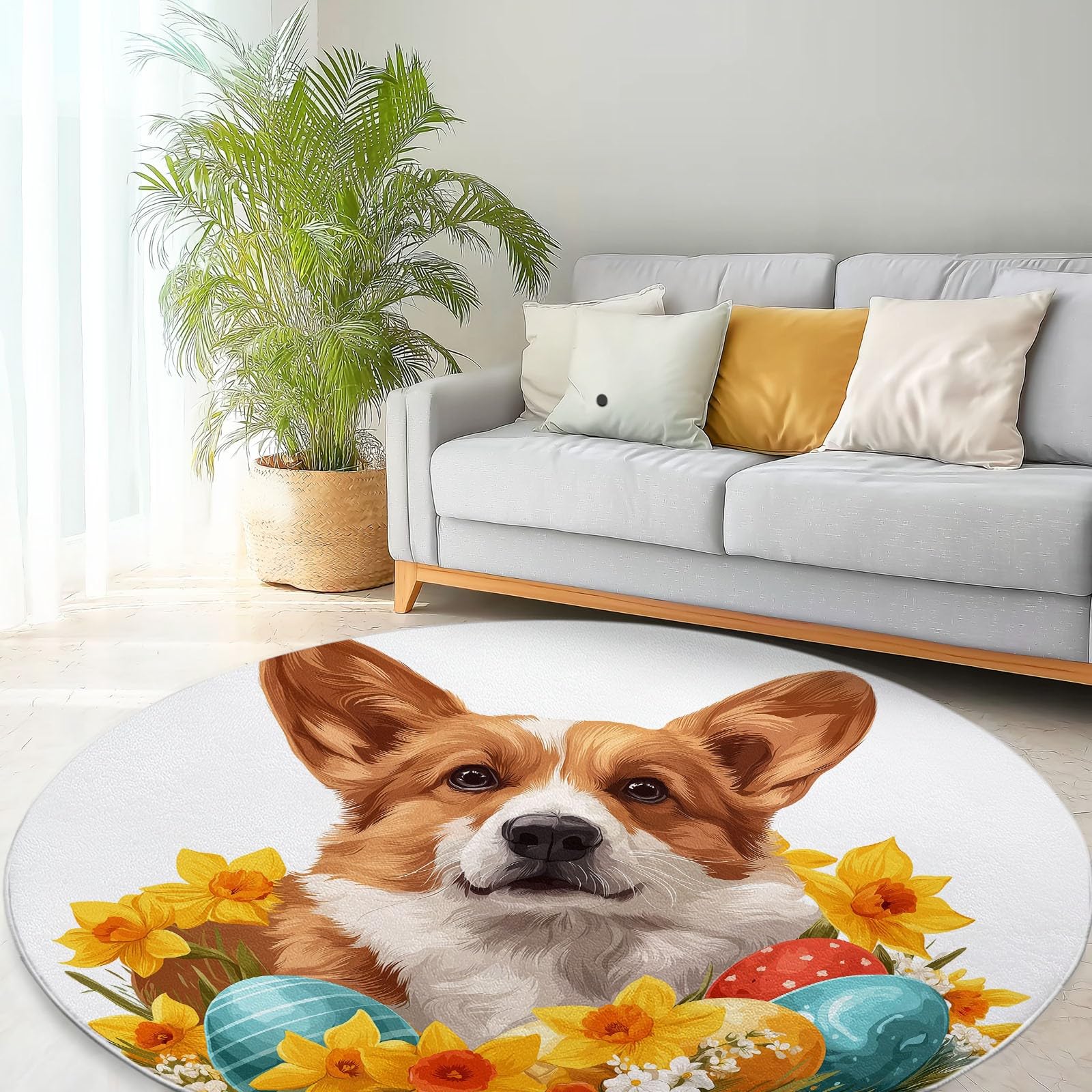 Dywan do salonu okrągły Corgi Akwarela Pisanki Kwiaty 160 cm Okrągłe dywaniki do salonu, biały zmywalny dywan do wnętrz miękki - do sypialni, kuchni, stołu w jadalni