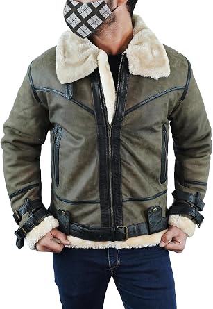 Mens B3 Bomber Leather Jacket Shearling Aviator Flight Coat Vintage RAF Pilot Fur Jacket