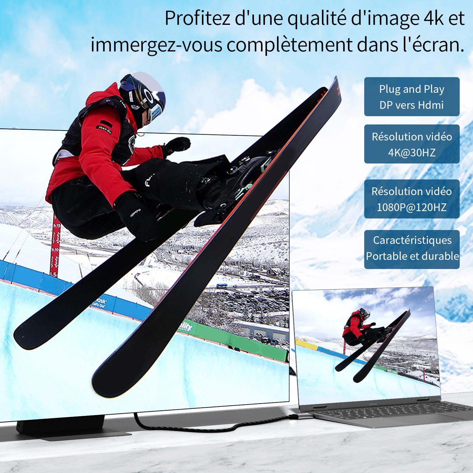 DisplayPort vers HDMI, Câble 4K displayPort vers hdmi 2M unidirectionnel DP vers hdm i,displayPort hdmi tressé en Nylon compatible avec les ordinateurs,PC,Dell,HDTV,projecteur AMD NVIDIA