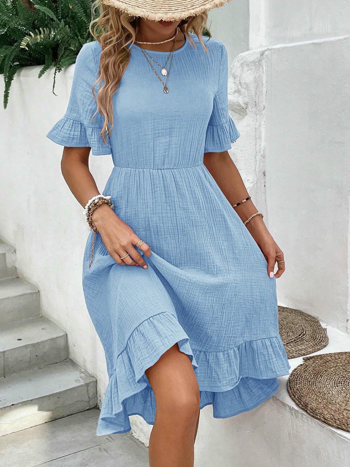 Women's Dress Abito A Manica Corta Casual Estiva da Donna Elastico in Vita -Verde Scuro-l