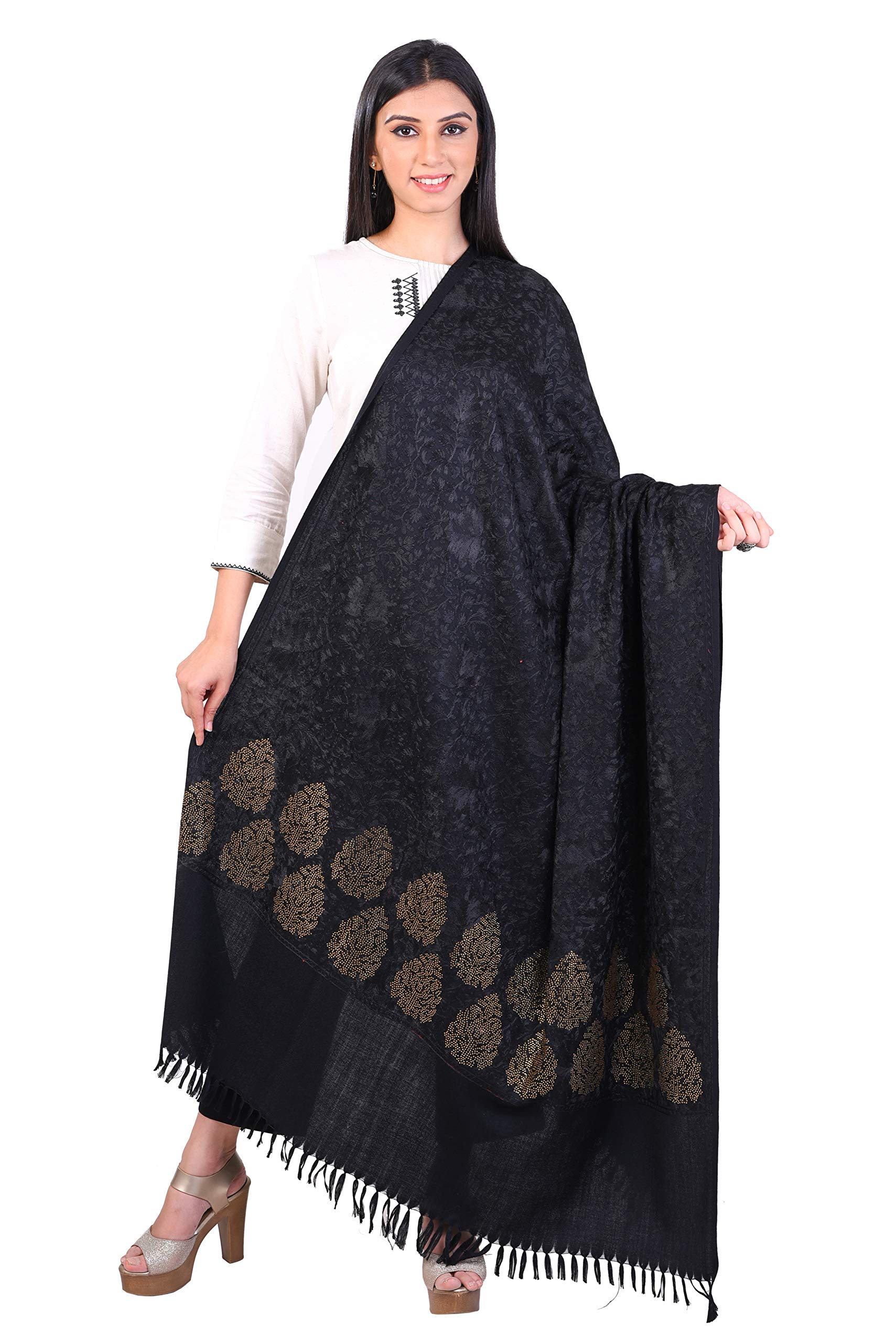 Women's 100% Pure Wool Swarosvki Crystal Shawl with Heavy Aari Embroidery Shawl, Luxury Paisley Design Shawls, Stoles, Wraps