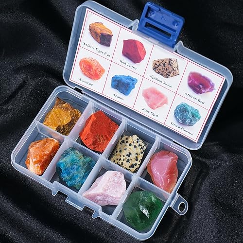 Miniatura 2 de Apengshi 8 piedras naturales crudas en bruto amarillo ojo de tigre piedra solar verde fluorita curativa cristal mineral espécimen caja de regalo de