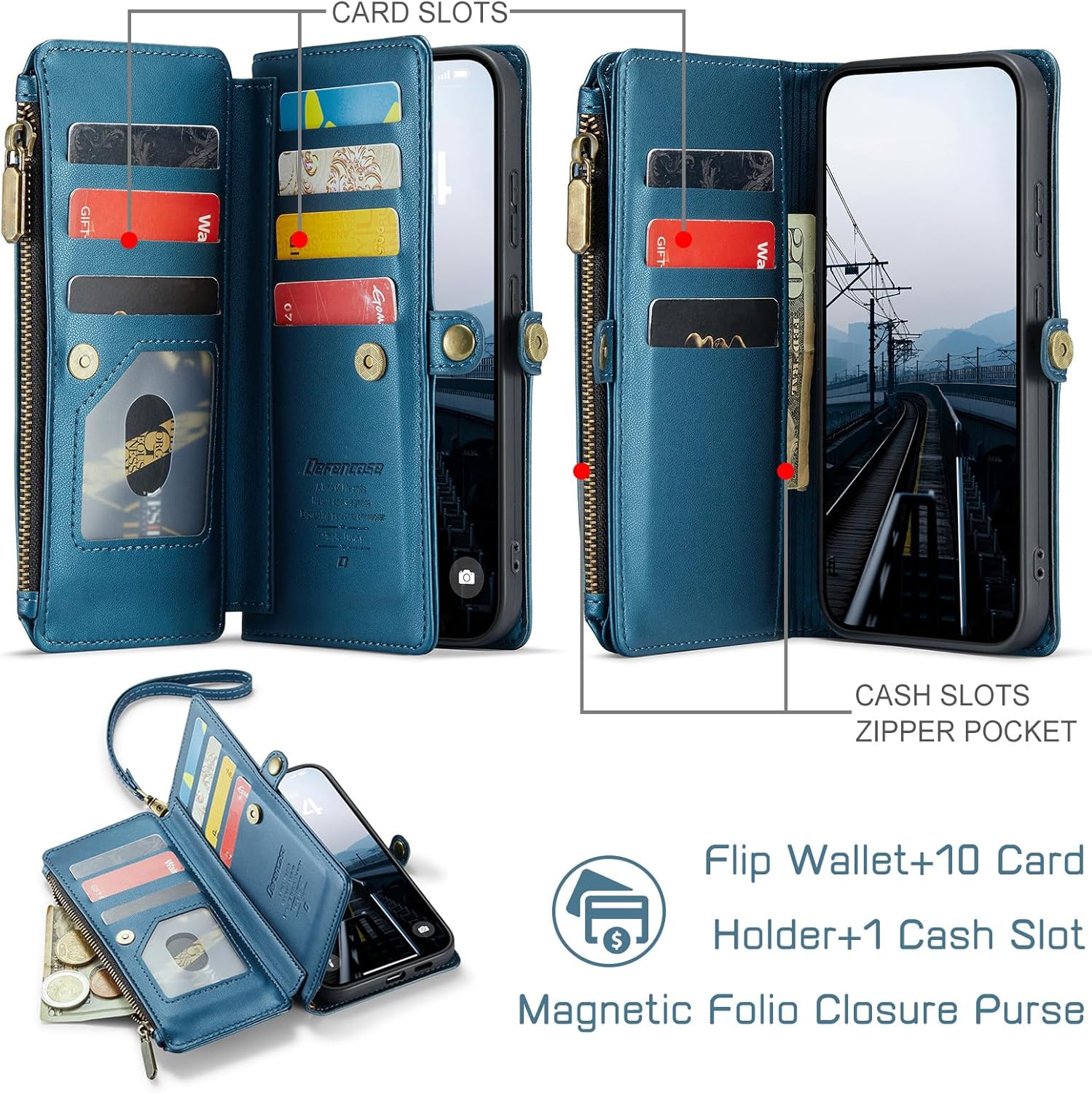 Defencase for Galaxy S25 Plus/S25+ Case Wallet with RFID Blocking Card Holder for Women Men, Elegant Leather Magnetic Snap Flip Strap Zipper Wallet Phone Cases for Samsung Galaxy S25 Plus 6.7", Blue - Image 3