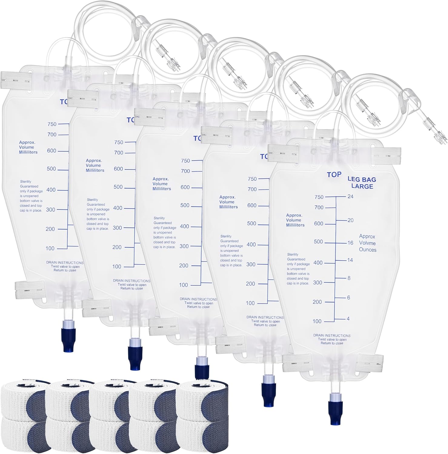 750ml Nephrostomy Bags, 5 Pack Urine Drainage Bag, Clear Bags with 24" Silicone Tube, Twist Drain Valve, with 10 Pcs Soft Adjustable Leg Bag Straps for Secure Fit
