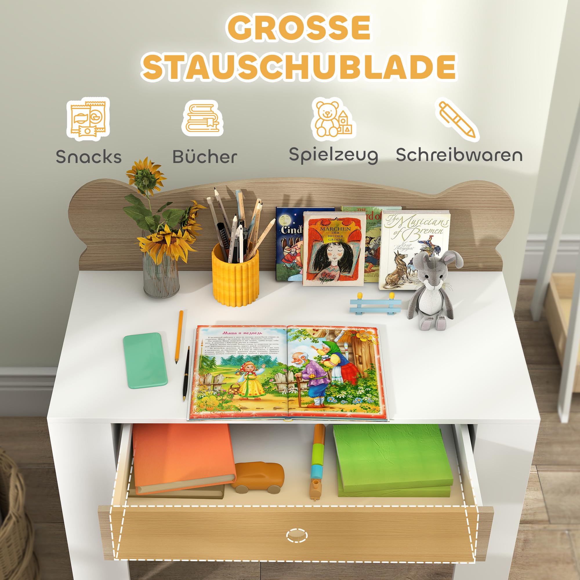 AIYAPLAY Kinderschreibtisch Set mit Tischplatte & Schublade Kinder Schreibtisch und Stuhl mit Bärenform Schülerschreibtisch Kindertisch Jugendschreibtisch für Jungs & Mädchen Naturholz