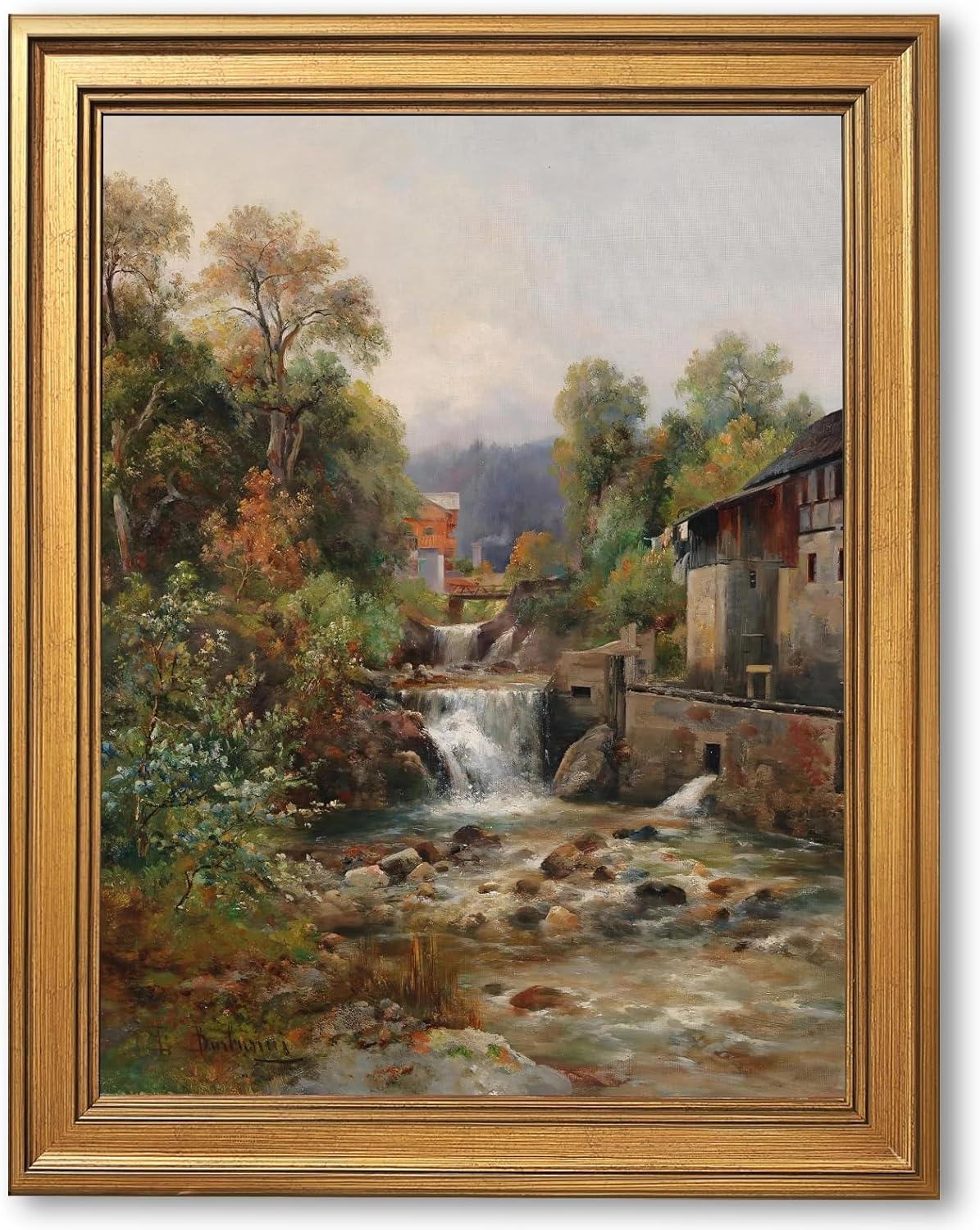 Framed A Southern Street Scene with two Children Oil Painting Italian Country Landscape Wall Art European Street Life Canvas Print Poster Rustic Nature Picture Decor for Living Room Bedroom 24x36inch