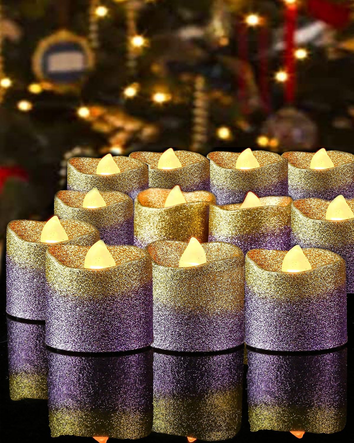 LOGUIDE Gold Flameless Votive Candles, 12-Pack Gold & Purple Glitter Battery Operated LED Tea Lights Candle for Christmas Decorations, Wedding Centerpieces, Party, Birthday, Anniversary