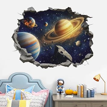 TOARTi Space Astronauts Wall Stickers,Blue Planets 3D Rockets Wall Art Decals for Boys Bedrooms,Solar System Mural Vinyl Removable Sticker for Nursery