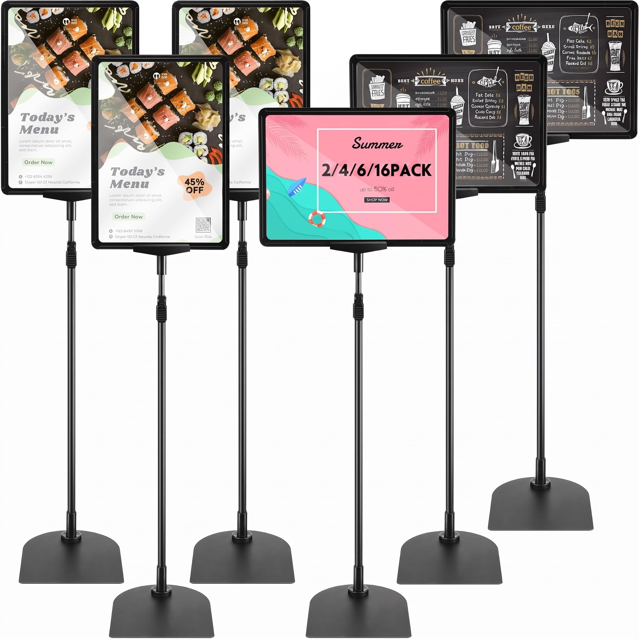 6 Pack Adjustable Pedestal Stand Holder 8.5 x 11 Inch Heavy Duty Aluminum Sign Holder Vertical and Horizontal Sign Poster Stands Floor Standing Display for Advertisement Menu Display(Black)