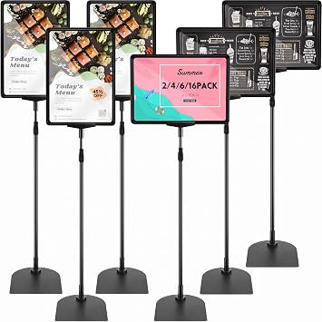 6 Pack Adjustable Pedestal Stand Holder 8.5 x 11 Inch Heavy Duty Aluminum Sign Holder Vertical and Horizontal Sign Poster Stands Floor Standing Display for Advertisement Menu DisplayBlack