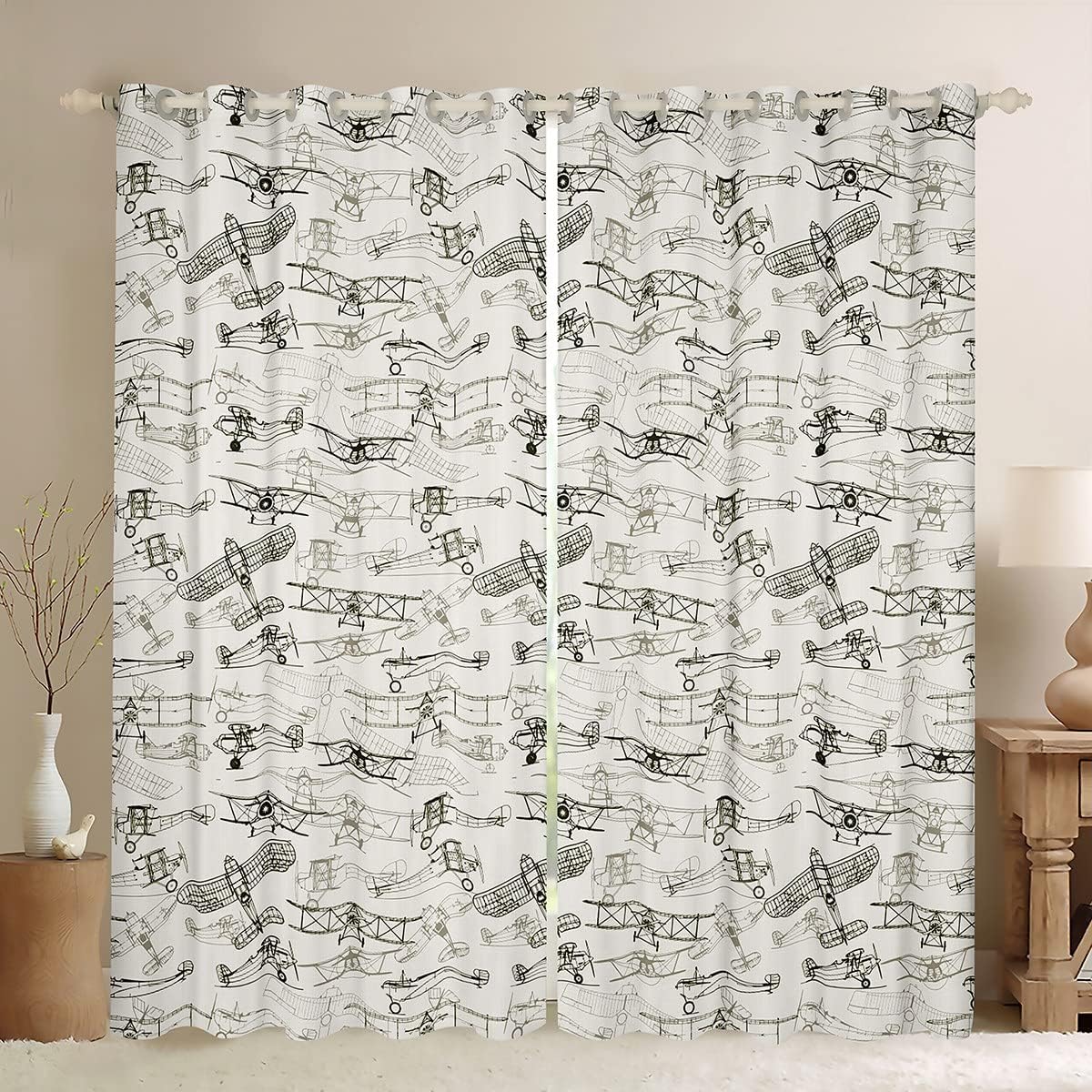 Feelyou Cartoon Flight Darkening Dreapes (2 Panels, 52 x 84 Inch) Kids Airplane Curtains for Bedroom Toddler Aircraft Print 30%-50% Blackout Curtains Travel Decor Blue and White Window Treatments