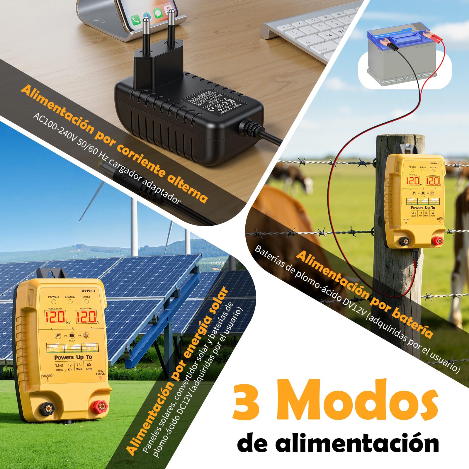 12KM Valla Eléctrica para Ganado y Animales, Electrificador de Cerca con Salida de 12kV 3.0J y Pantalla LCD, Protección para Caballos, Ovejas, Perros, Jardines, Pastos y Granjas (Naranja)